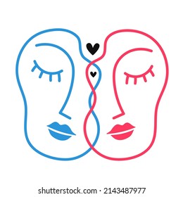 Abstract vector illustration with female faces and hearts. Trendy print design with women