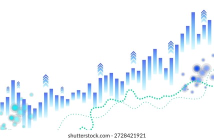 Ilustração vetorial abstrata de um gráfico de barras financeiras mostrando crescimento ascendente. Apresenta barras ascendentes, setas e uma linha pontilhada representando o sucesso do mercado de ações e a análise de dados.
