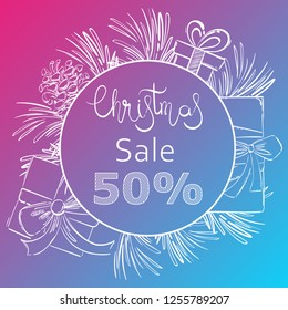 Abstract vector illustration with fir branches, fir cones and gifts. Happy New Year and Merry Christmas. Round banner. Christmas sale.