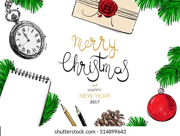 Abstract vector illustration with fir branches, Christmas ball, pocket watches, fir cones, notepad and pencil. Christmas background for your design.