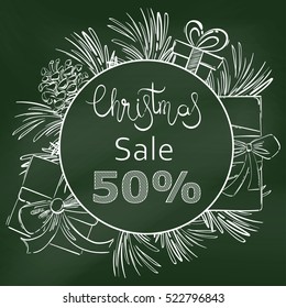 Abstract vector illustration with fir branches, fir cones and gifts. Happy New Year. Round banner on the background of the school board. Christmas sale.
