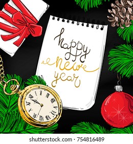Abstract vector illustration with fir branches, Christmas ball, pocket watches, fir cones, notepad. New Year background for your design.