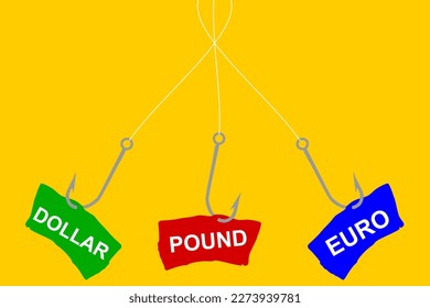 Abstract Vector illustration of a fish hook with hooked inscriptions Euro, Dollar and British pound, choice and struggle between three financial offers