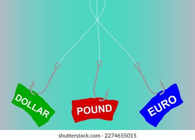 Abstract Vector illustration of a fish hook with hooked inscriptions Euro, Dollar and British pound, choice and struggle between three financial offers