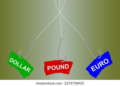 Abstract Vector illustration of a fish hook with hooked inscriptions Euro, Dollar and British pound, choice and struggle between three financial offers