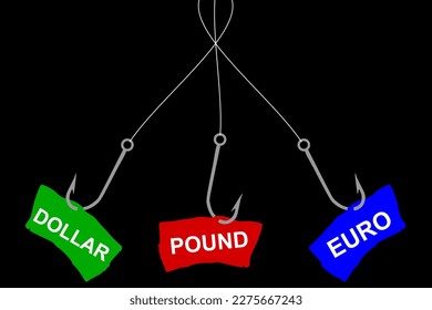 Abstract Vector illustration of a fish hook with hooked inscriptions Euro, Dollar and British pound, choice and struggle between three financial offers