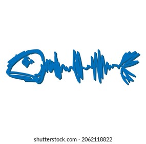 Abstract vector illustration, fish skeleton sketch, children's drawing stylistics, outline hand painted 