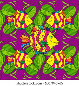 Abstract Vector illustration. Fishes on green, purple and yellow. Decorative ornament. Vector illustration. Seamless pattern with fish. Color image of repeating and alternating constituent elements.