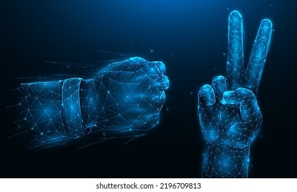 Abstract vector illustration of fist and peace gesture on dark blue background. Hand gesture low poly design.