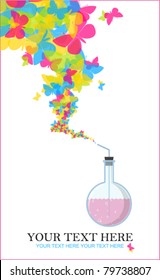 Abstract vector illustration of flask and butterflies. Place for your text.