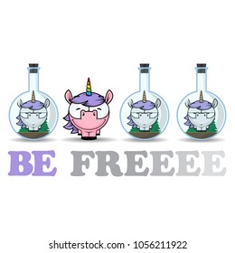 Abstract vector illustration of flask with cartoon unicorn. EPS10