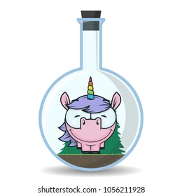 Abstract vector illustration of flask with cartoon unicorn. EPS10