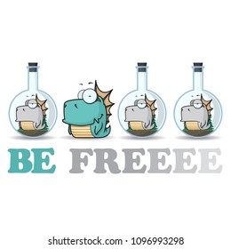 Abstract vector illustration of flask with cartoon alien. EPS10