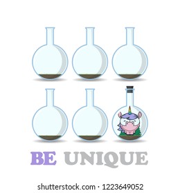 Abstract vector illustration of flask with cartoon unicorn. EPS10