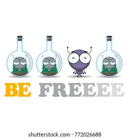Abstract vector illustration of flask with cartoon ant. EPS10