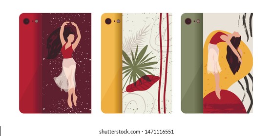 Abstract vector illustration. Flat and Hand drawn brush ink textured art. Ballerina mobile phone case cover collection. Female elegance tropical palm leaves, nature and dancer set.