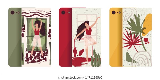 Abstract vector illustration. Flat and Hand drawn brush ink textured art. Ballerina mobile phone case cover collection. Female elegance tropical palm leaves, nature and dancer set.