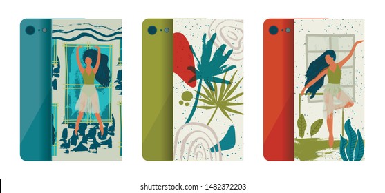 Abstract vector illustration. Flat and Hand drawn brush ink textured art. Ballerina mobile phone case cover collection. Female elegance tropical palm leaves, nature and dancer set.