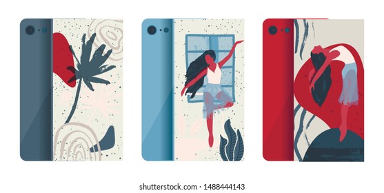 Abstract vector illustration. Flat and Hand drawn brush ink textured art. Ballerina mobile phone case cover collection. Female elegance tropical palm leaves, nature and dancer set.