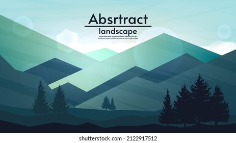 Ilustración del vector abstracto. De estilo sencillo y plano. Montañas con colinas y árboles de silueta natural. Amanecer o atardecer. Diseño para fondo de pantalla, fondo, turismo o tarjeta de felicitación.