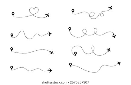 Abstract Vector Illustration of Flight Paths, Showing Travel Routes. Airplane line path icon of air plane flight route dash line trace with start point. Simple airplane travel line path with map pins.