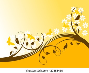 An abstract vector illustration with a floral design in shades of orange on a lighter graduated base with room for text