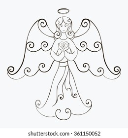 Abstract vector illustration of floral elegant angel with heart in hands. Hand-drawn set. Black objects isolated on white background. For wedding, valentine day design, coloring page. Eps 8.