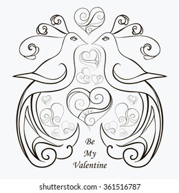 Abstract vector illustration of floral elegant birds in love with hearts. Hand-drawn elements. Black objects isolated on white background. For wedding, valentine day design, coloring page. Eps 8.
