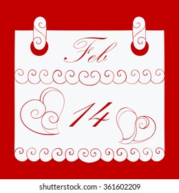 Abstract vector illustration of floral elegant calendar of 14 february with hearts. Hand-drawn silhouette. White objects isolated on red background. For wedding, valentine day design. Eps 8.