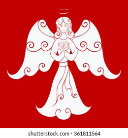 Abstract vector illustration of floral elegant angel with heart in hands. Hand-drawn silhouette symbol. White objects isolated on red background. For wedding, valentine day design. Eps 8.