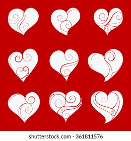 Abstract vector illustration of floral elegant hearts. Hand-drawn silhouette set. White objects isolated on red background. For wedding, valentine day design. Eps 8.