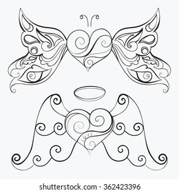 Abstract vector illustration of floral elegant heart with angel and butterfly wings. Hand-drawn set. Black objects isolated on white background. For wedding, valentine day design, coloring page. Eps 8
