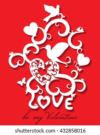 Abstract vector illustration of floral elegant birds in love with hearts. Hand-drawn silhouette symbol. White objects isolated on red background. For wedding, valentine day design