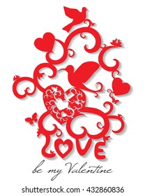 Abstract vector illustration of floral elegant birds in love with hearts. Hand-drawn silhouette symbol. Red objects isolated on white background. For wedding, valentine day design