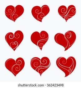 Abstract vector illustration of floral zen tangle elegant hearts. Hand-drawn silhouette set. Red objects isolated on white background. For wedding, valentine day design. Eps 8.