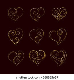 Abstract vector illustration of floral zen tangle luxury elegant cute hearts. Hand-drawn set. Gold glitter objects isolated on chocolate background. For wedding, valentine day design. Eps 8.