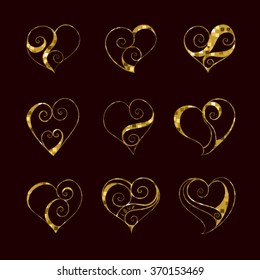 Abstract vector illustration of floral zen tangle luxury elegant cute hearts. Hand-drawn set. Gold glitter objects isolated on chocolate background. For wedding, valentine day design. Eps 8.