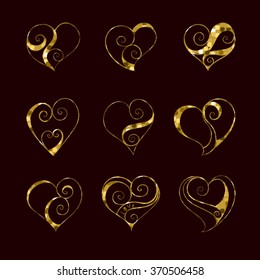 Abstract vector illustration of floral zen tangle luxury elegant cute hearts. Hand-drawn set. Gold glitter objects isolated on chocolate background. For wedding, valentine day design. Eps 8.