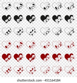 Abstract vector illustration of floral zen tangle 36 hearts tied with ribbon bows. Hand-drawn set. Black and red objects isolated on transparent background. For wedding, valentine day design. Eps 8.