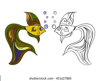 Abstract vector illustration of floral zen tangle cartoon fish with bubbles. Hand-drawn set. Black and multicolored objects isolated on white background. Adult coloring book. Eps 8.