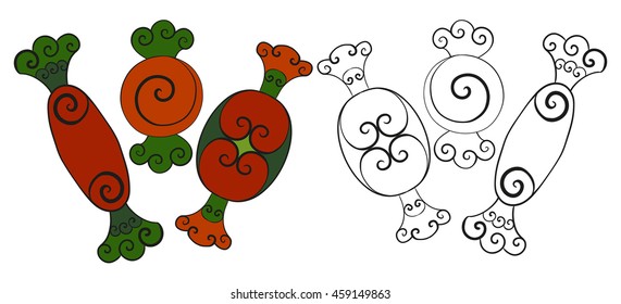 Abstract vector illustration of floral zen tangle cartoon Christmas sweets collection. Hand-drawn set. Black and multicolored objects isolated on white background. Adult coloring book. Eps 8.
