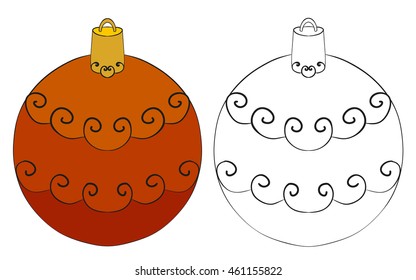 Abstract vector illustration of floral zen tangle cartoon Christmas ball. Hand-drawn set. Black and multicolored objects isolated on white background. Adult coloring book. Eps 8.