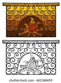 Abstract vector illustration of floral zen tangle cartoon Christmas fireplace. Hand-drawn set. Black and multicolored objects isolated on white background. Adult coloring book. Eps 8.