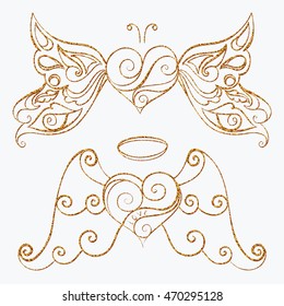 Abstract vector illustration of floral zen tangle cute heart with angel and butterfly wings. Hand-drawn set. Gold glitter objects isolated on white background. For wedding, valentine day design.