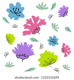 
Abstract vector illustration with flowers, pink, purple, green, blue and leaves on a white background. Abstract illustration of hand made, artistic. Cute floral greeting card template design.
