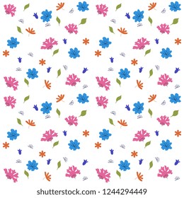 Abstract vector illustration with flowers, pink, purple, orange, blue and leaves on a white background, handmade, artistic. Cute floral greeting card template design.