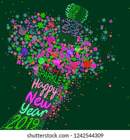 An abstract vector illustration of flowers popping from a typography champagne bottle