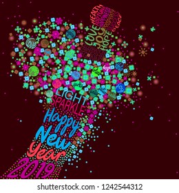 An abstract vector illustration of flowers popping from a typography champagne bottle