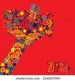 An abstract vector illustration of flowers popping from a champagne bottle with a fizz of floral splash for the New Year 2019 on a red background