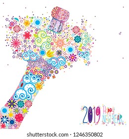 An abstract vector illustration of flowers popping from a champagne bottle with a fizz of floral splash for the New Year 2019 on a white background